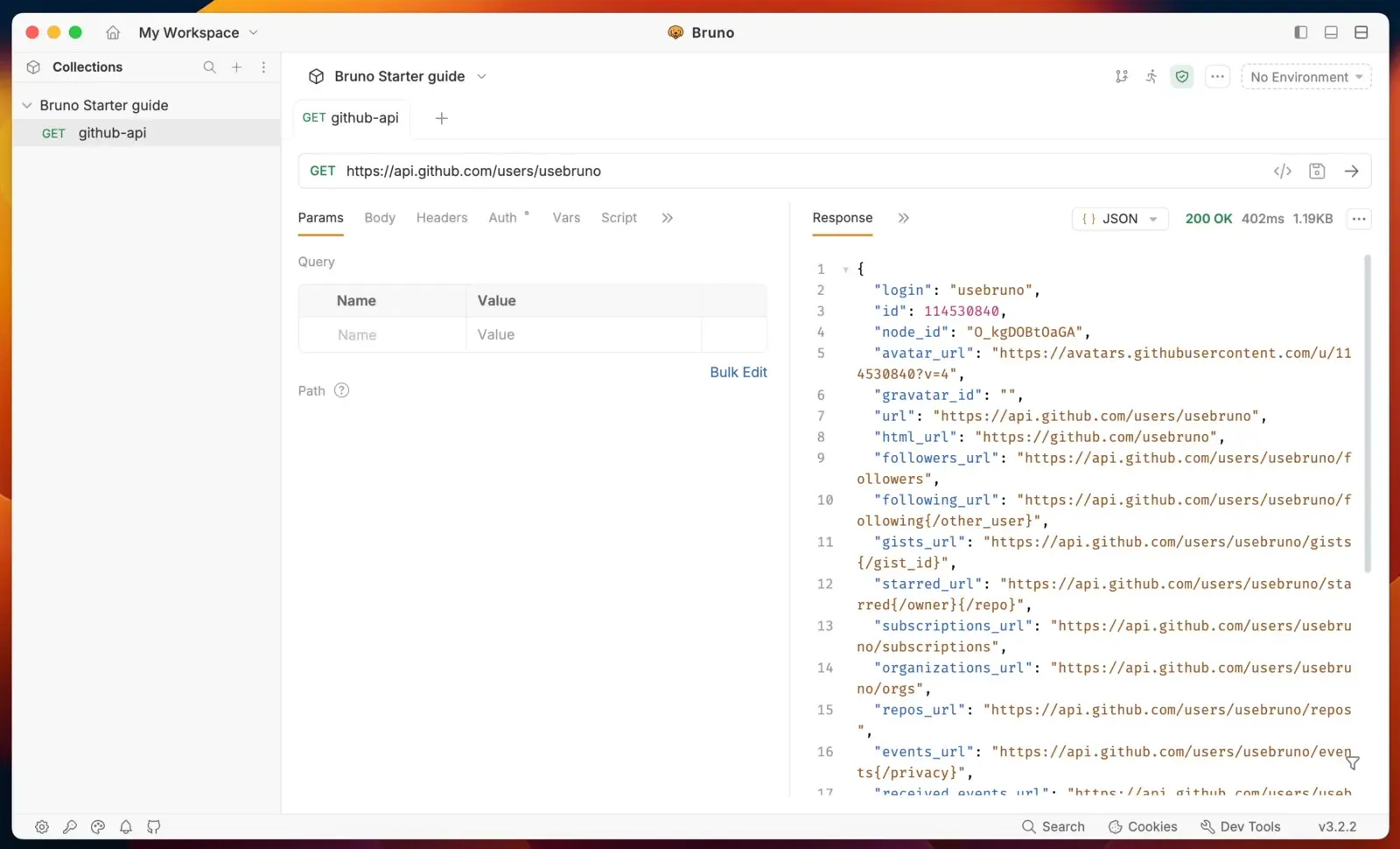 Bruno exibindo uma requisição GET e a resposta JSON da API do GitHub