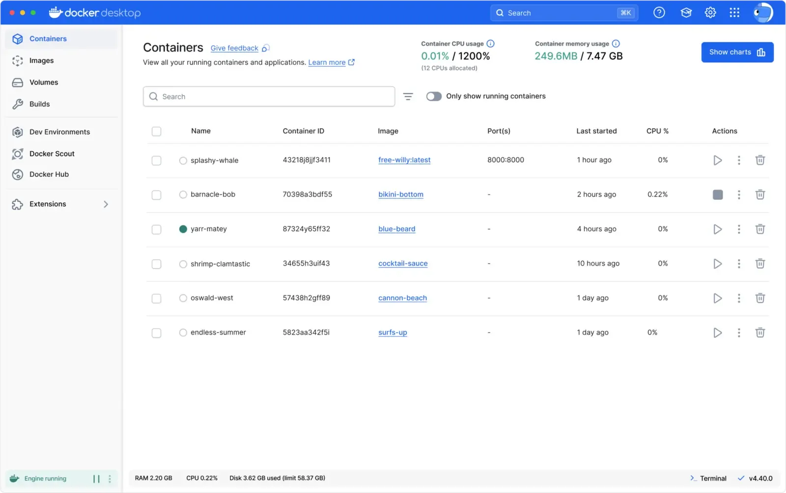 Docker Desktop exibindo a lista e o estado dos contêineres locais