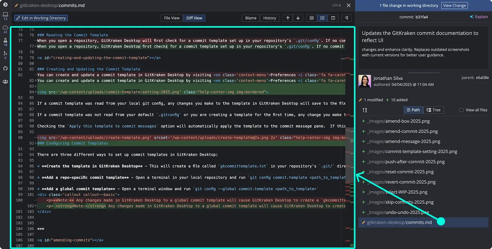 GitKraken Desktop exibindo o diff de um arquivo e a lista de alterações de um commit