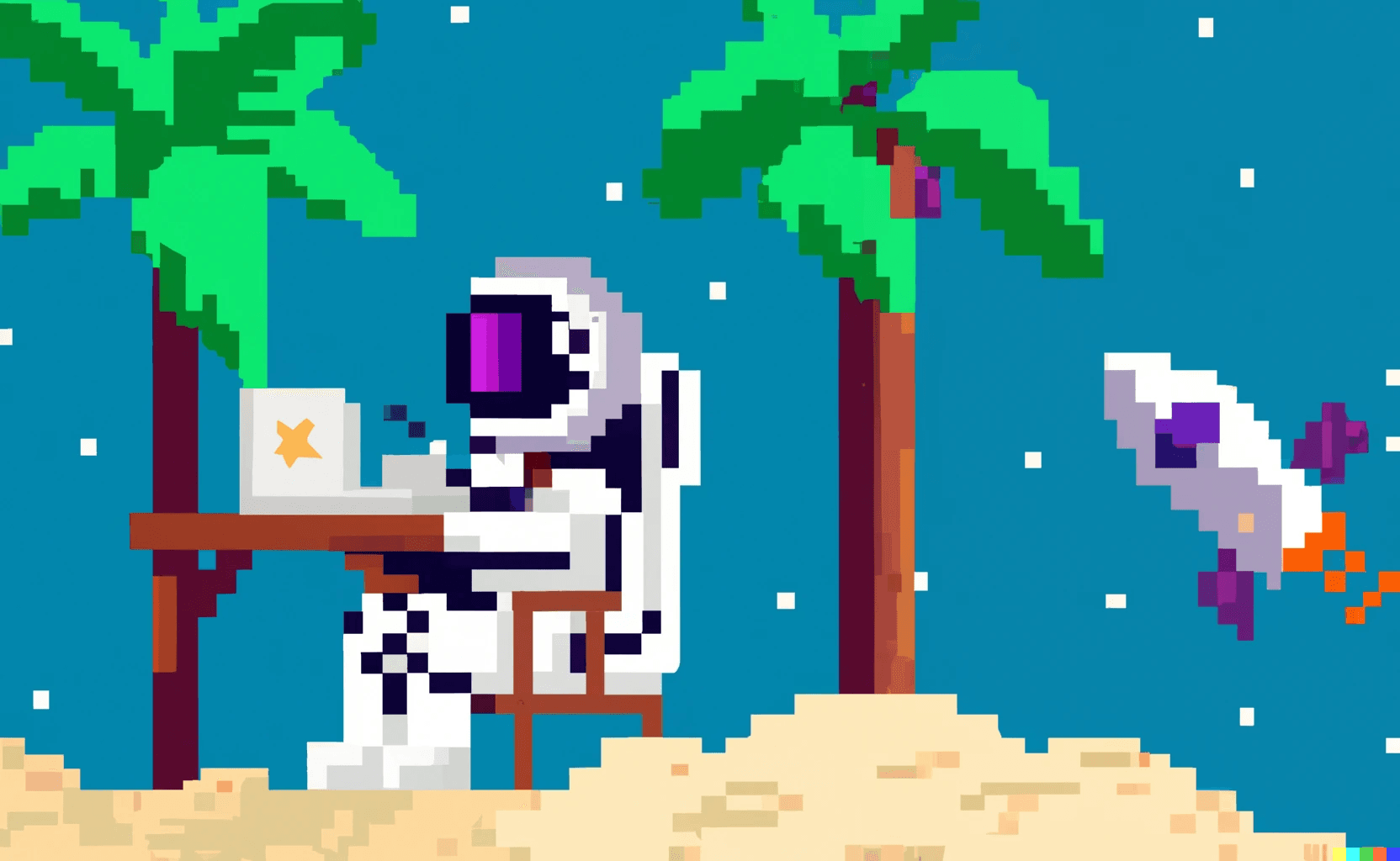 Astronauta estudando programação em um resort em pixel art